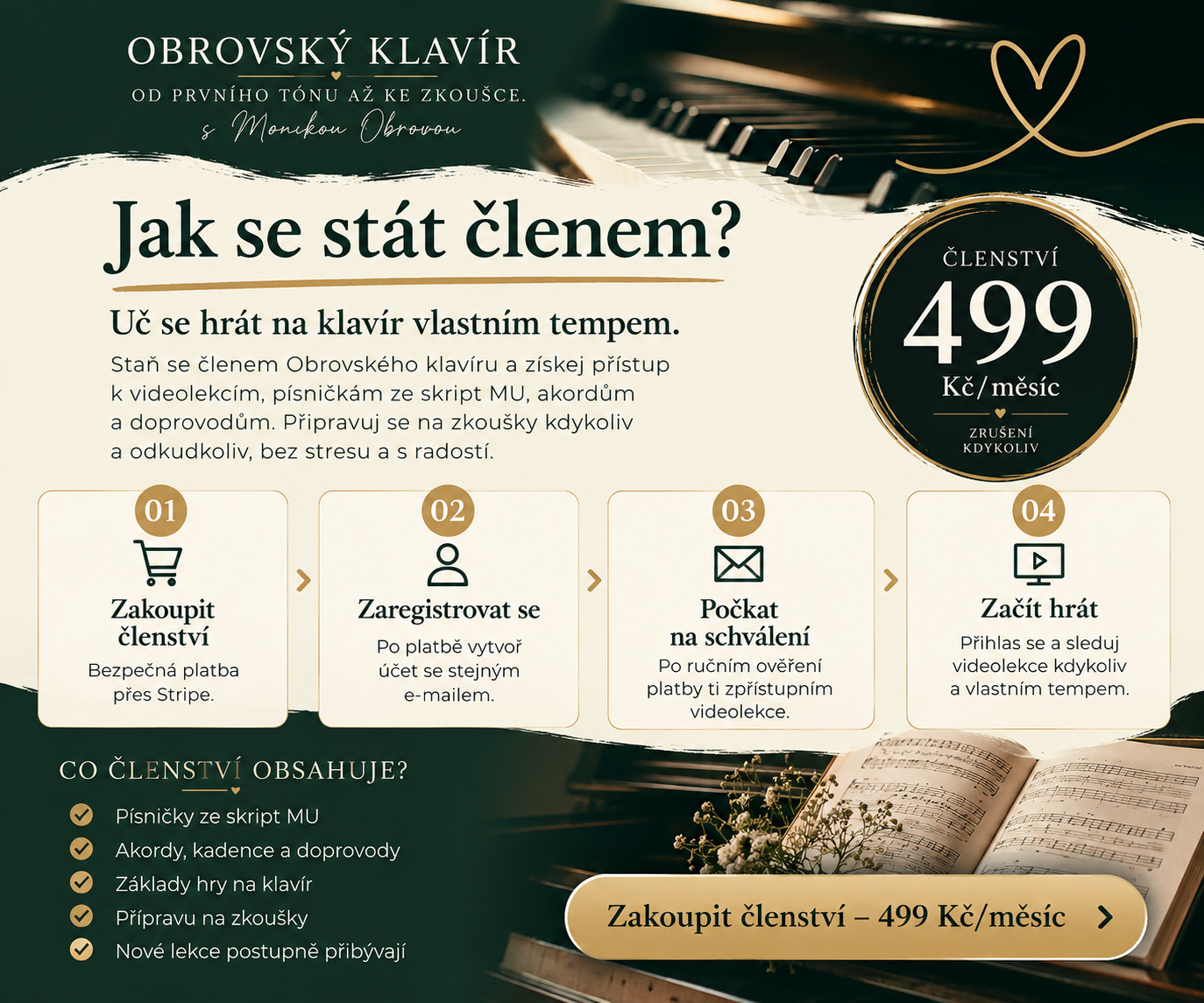 Jak se stát členem Obrovského klavíru – platba, registrace, schválení přístupu a videolekce.